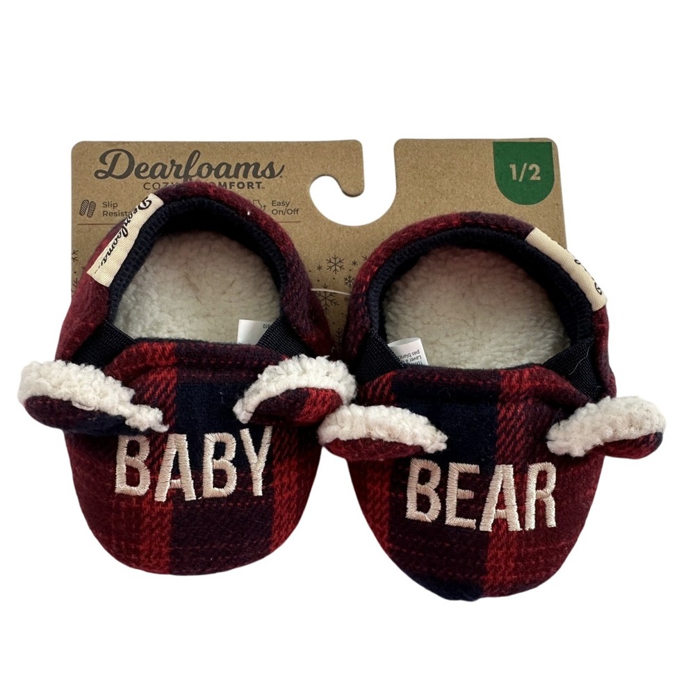 Brand New  Dearfoams Baby Infant BEAR MEMORY FOAM PLAID SLIPPERS Size 1/2‎